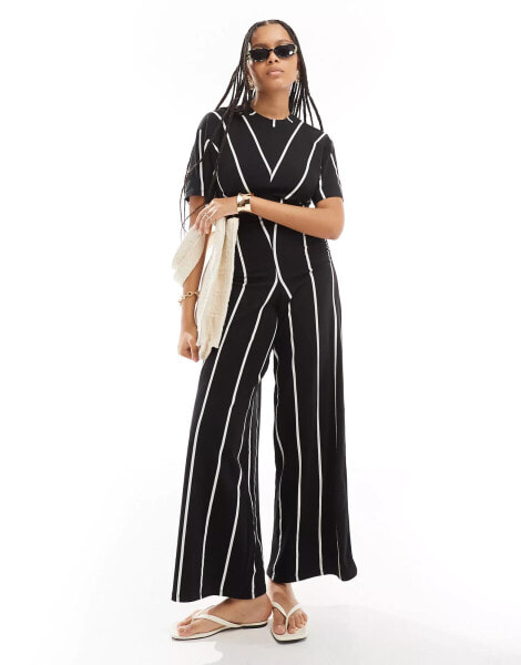 ASOS DESIGN ruched side jumpsuit with wide leg in stripe