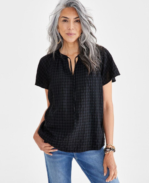 Women's Seersucker Split-Neck Flutter Sleeve Top, Created for Macy's