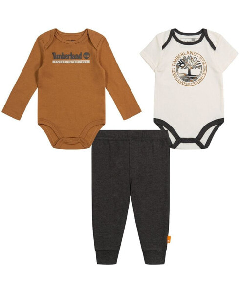 Baby Boys Logo Long Sleeve and Short Sleeve Bodysuits and Heather Joggers, 3 Piece Set