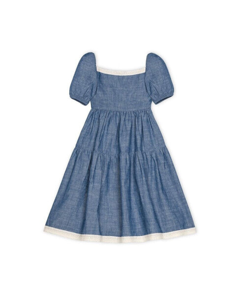 Girls' Short Bubble Sleeve Crochet Trim Chambray Dress, Infant