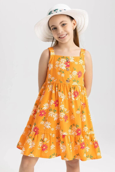 Kız Çocuk Çiçekli Kare Yaka Kolsuz Pamuklu Elbise