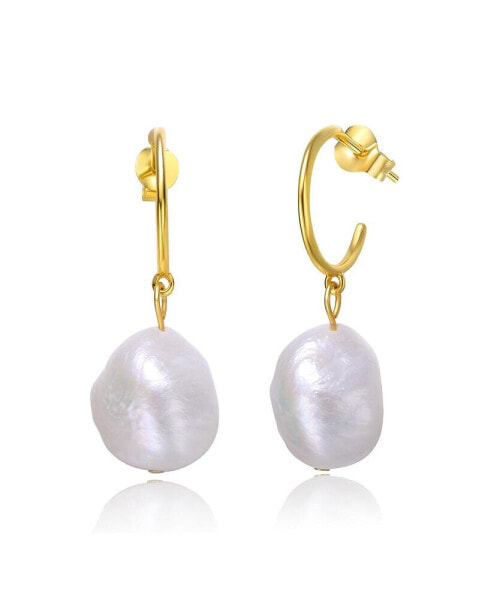 Sterling Silver 14k Yellow Gold Plated with Baroque Oval White Freshwater Pearl Dangle Drop C-Hoop Earrings