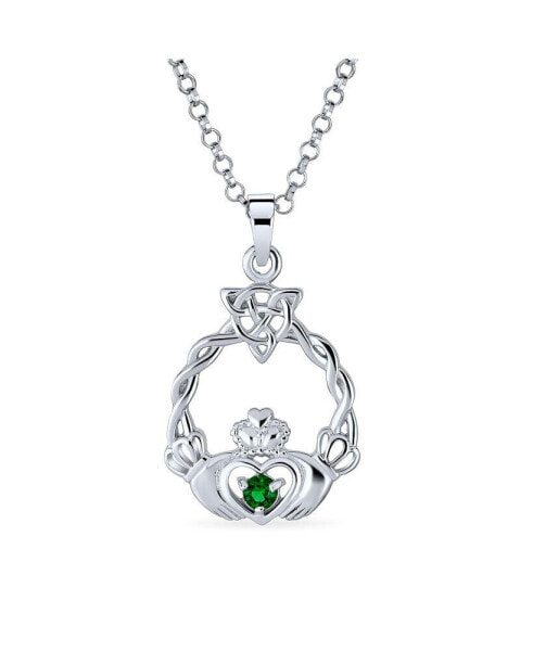 Bling Jewelry traditional Irish Kelly Green Cubic Zirconia CZ Celtic Infinity Love Knot Friendship Heart Claddagh Pendant Necklace For Women Teen .925 Sterling Silver