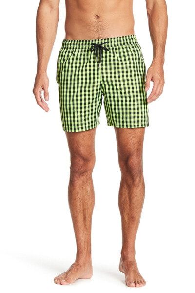 JARED LANG 154799 Men's Checkered Swim Trunks Lime Black Plaid Shorts Sz. Small