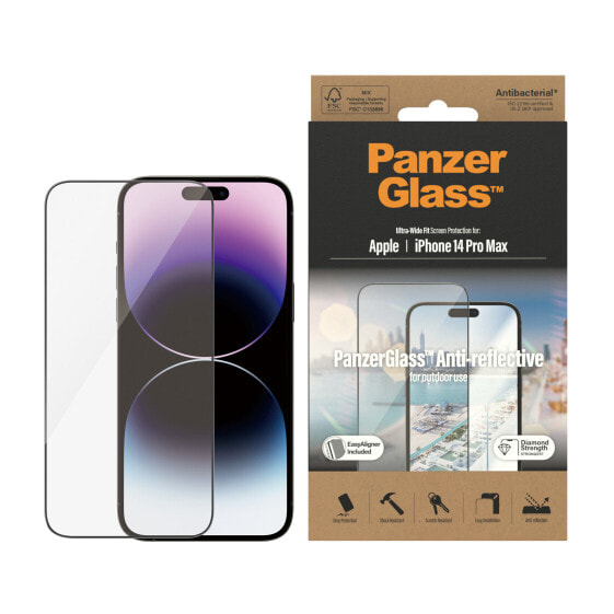 PanzerGlass ™ Anti-Reflective Screen Protector Apple iPhone 14 Pro Max | Ultra-Wide Fit w. EasyAligner - Apple - Apple - iPhone 14 Pro Max - Dry application - Scratch resistant - Shock resistant - Anti-bacterial - Transparent - 1 pc(s)