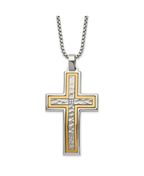 Brushed Yellow IP-plated CZ Cross Pendant Box Chain Necklace
