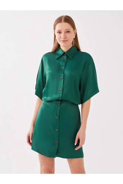 Gömlek Yaka Düz Kısa Kollu Oversize Saten Kadın Elbise