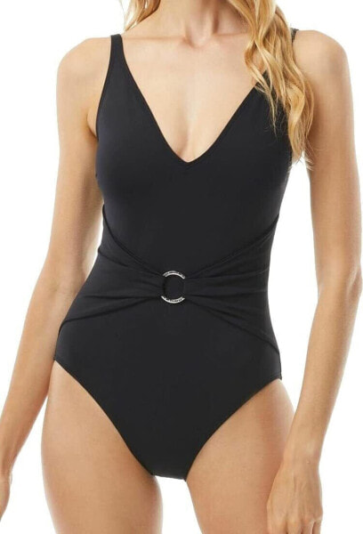 Michael Kors 300742 Iconic Solids Sash Logo Trim V-Neck One-Piece Swimsuit, 10