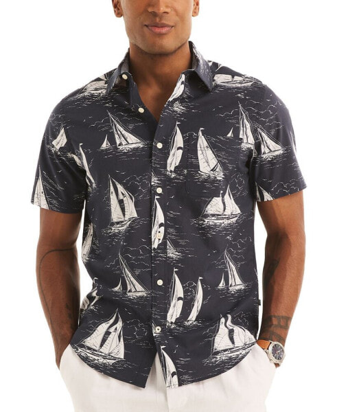 Men's Sailboat Print Short Sleeve Button-Front Shirt