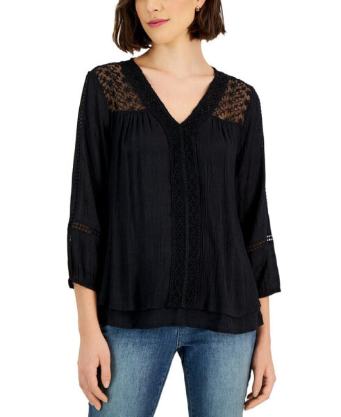 Women's 3/4-Sleeve Embroidered Lace Top, Created for Macy's