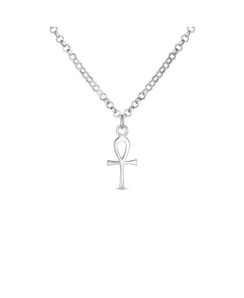 Mini Small Religious Key To Life Egyptian Ankh Cross Pendant Necklace For Women Sterling Silver