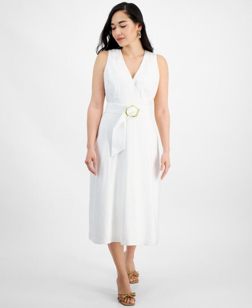 Petite Linen-Blend Belted Midi Dress, Created for Macy's