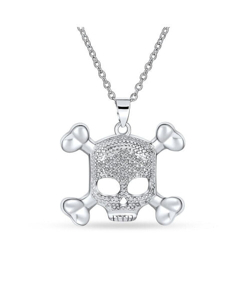 Goth Biker Chick Pirate Skull And Crossbones Pave Cubic Zirconia CZ Pendant Necklace For Women For Sterling Silver