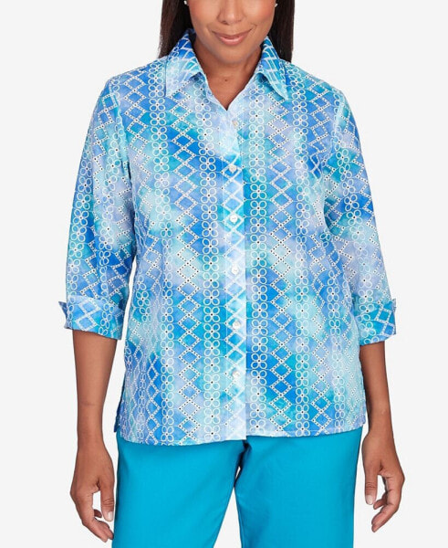 Women's Tradewinds Eyelet Tie Dye Button Down Top