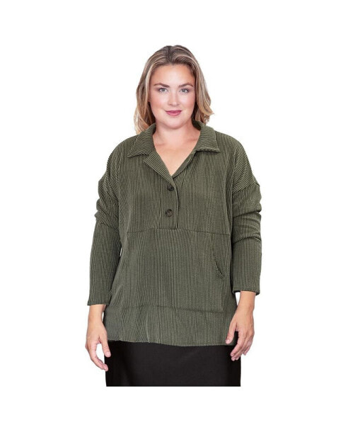 Plus Size Long Sleeve Collared Henley Button Up Shirt