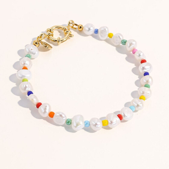 18K Gold Plated Freshwater Pearls with Colored Glass Beads - Amber Bracelet 7" For Women and Girls