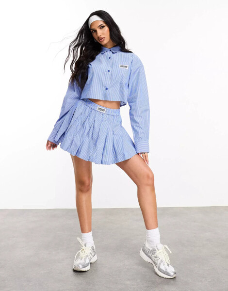 ASOS DESIGN Weekend Collective co-ord pleated mini skirt with woven label in blue stripe