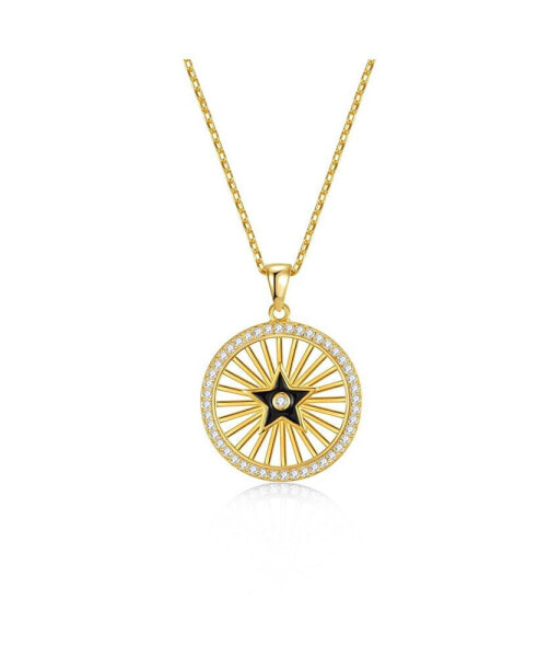 Sterling Silver 14k Gold Plated with Cubic Zirconia Rays of Light Black Enamel Star Medallion Pendant Necklace