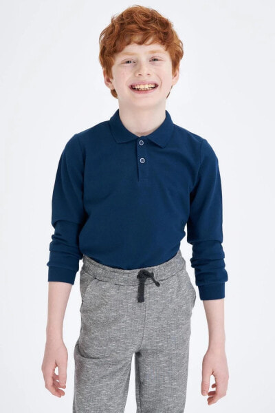 Erkek Çocuk Lacivert Polo Yaka Uzun Kollu Okul Tişört