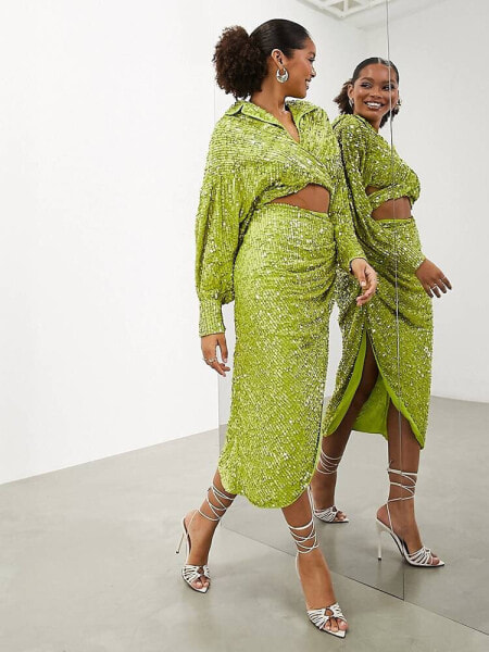 ASOS EDITION drape side sequin midi skirt in lime green