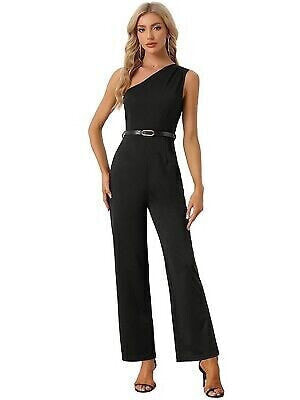 Allegra K Women's One-Shoulder Dressy Sleeveless Belt Wide Leg Rompers Black