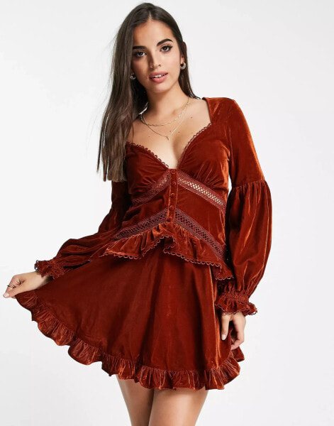 ASOS DESIGN lace insert mini dress with button detail in velvet