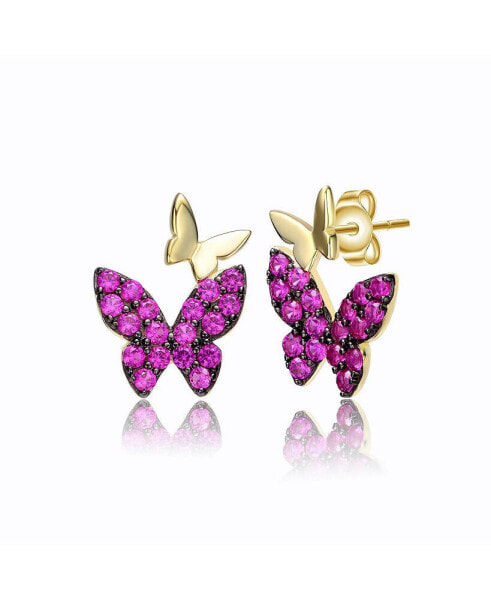 Sterling Silver 14k Yellow Gold Plated with Ruby Cubic Zirconia Double Butterfly Drop Earrings