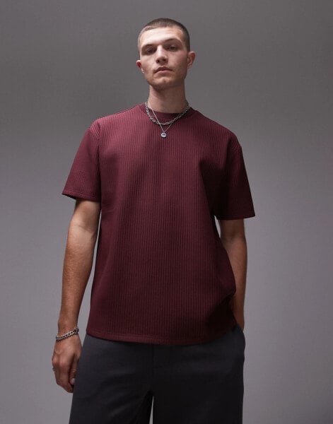 Topman oversized fit plisse t-shirt in burgundy