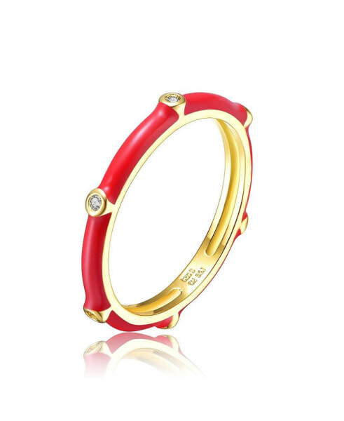 RA 14k Yellow Gold Plated with Cubic Zirconia Red Enamel Bamboo Kids/Young Adult Stacking Ring