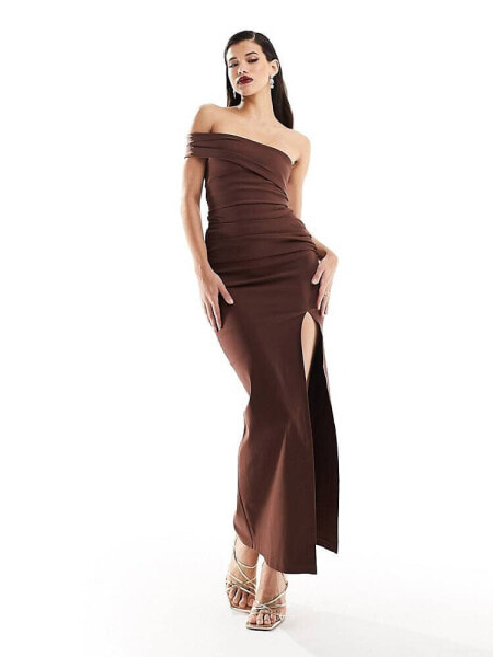 Vesper one shoulder thigh spilt maxi dress in chocolate