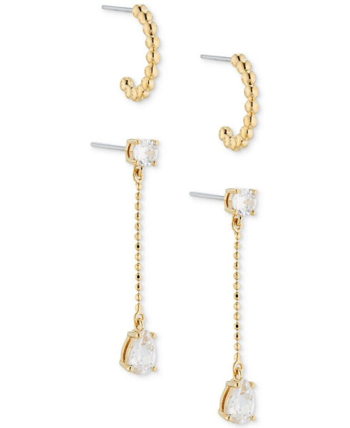 18k Gold-Plated 2-Pc. Set Granulated C-Hoop & Cubic Zirconia Ball Chain Linear Drop Earrings