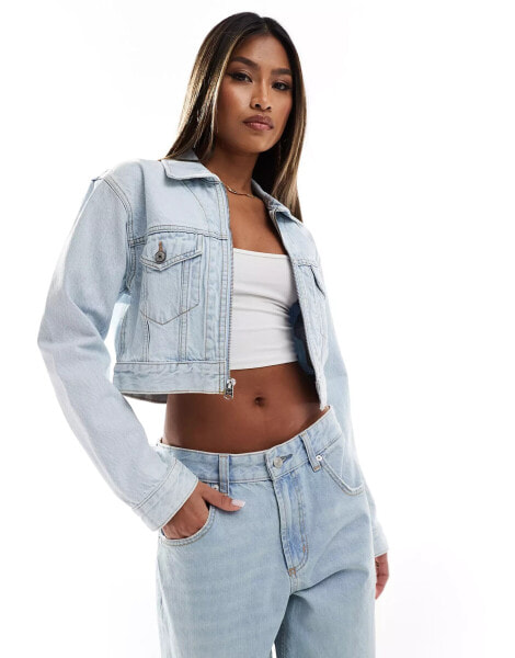 Abercrombie & Fitch cropped denim jacket with zip front in light blue