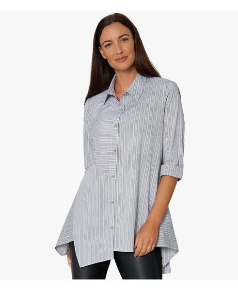 Women's Cotton Poplin Button-Front Step Hem Shirt Top Crossroads Tunic In Yarn Dye Stripe