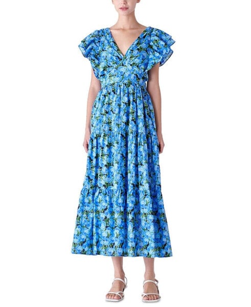 Women's Floral-Print Tiered Flutter-Sleeve Dress