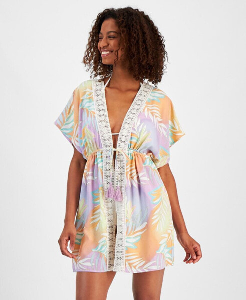 Women's Printed Tie-Waist Crochet-Trim Cover Up, Created for Macy's