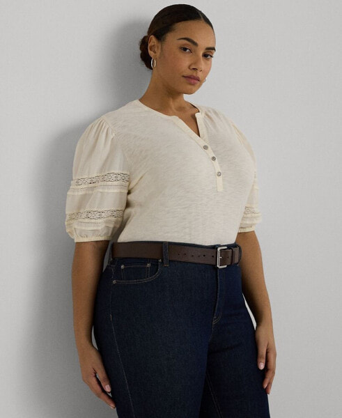 Plus Size Puff-Sleeve Henley Top