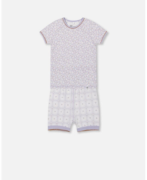 Girl Organic Cotton Two Piece Pajama Set Lilac Printed Little Flowers - Child