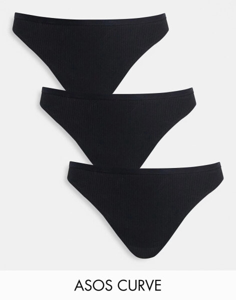 ASOS DESIGN Curve 3 pack ribbed thong in black