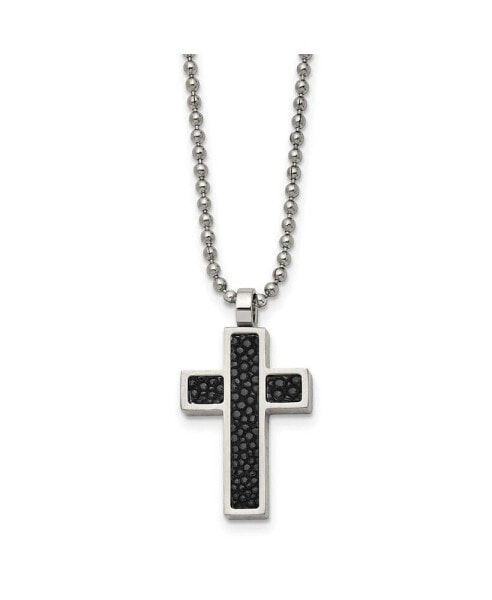 Brushed Black Genuine Stingray Inlay Cross Pendant Ball Chain Necklace