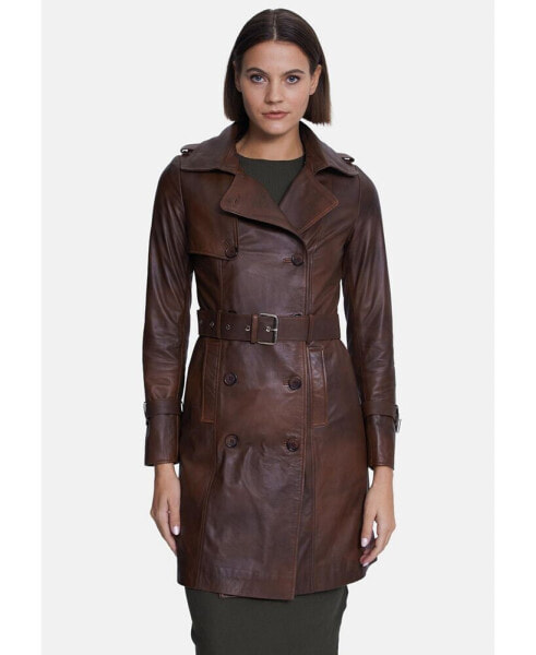 Women's Genuine Leather Trench Coat, Whiskey