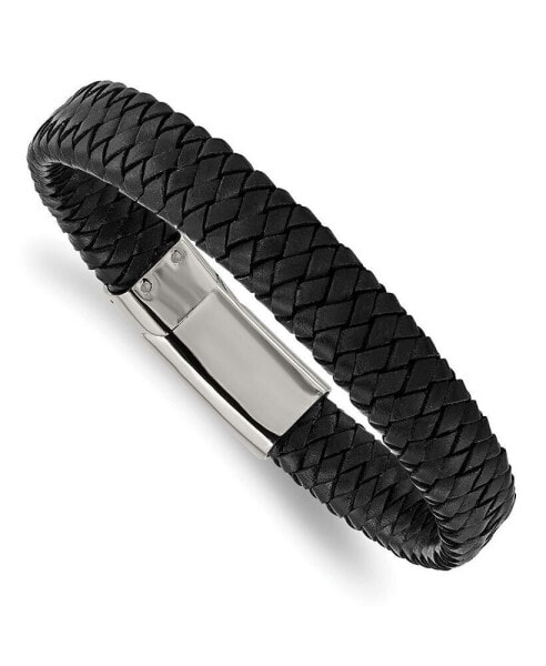 Stainless Steel Polished Black Woven Leather Bracelet