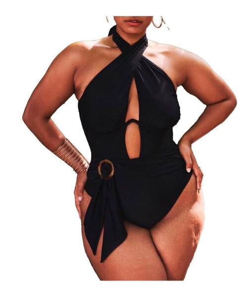 Plus Size Twist Halter Swimsuit With Underwire Detail - 24, Black