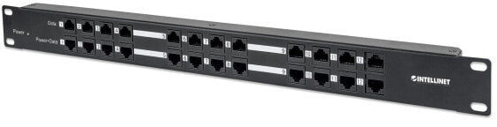Intellinet PoE Patch Panel - 24 Port Patch Panel with 12 port RJ45 Data In and 12 port RJ45 Data and Power Out - Passive Power over Ethernet Delivered on 12 Ports - 1U - CAT5e - RJ-45 - Cat5e - Black - Metal - Rack mounting - 1U