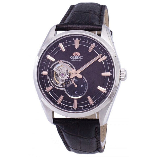 Мужские наручные часы с черным кожаным ремешком Orient Open Heart Automatic Brown Dial Mens Watch RA-AR0005Y10B