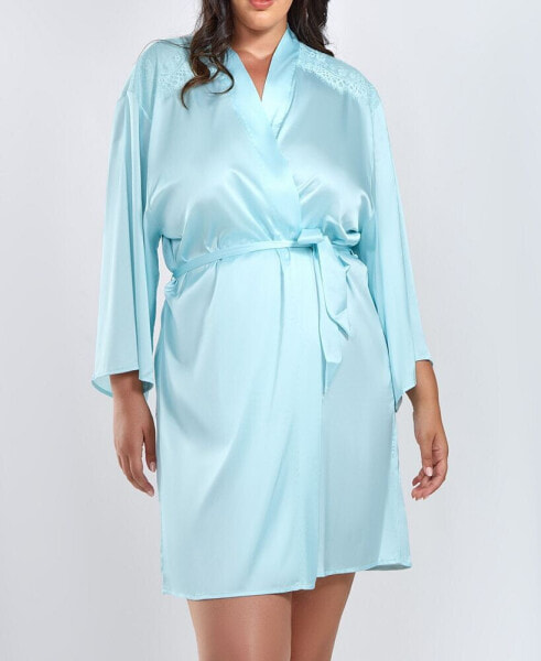 Пижама iCollection плюс размер Olivia Сатиновая халат с отделкой кружевом Eyelash