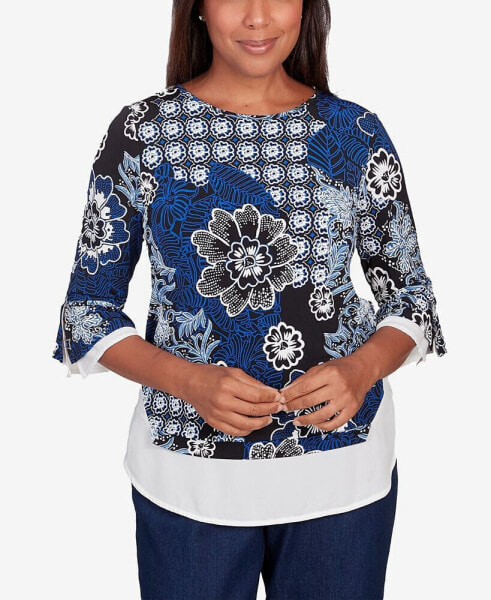 Petite Downtown Vibe Floral Flutter Sleeve Top with Woven Trim