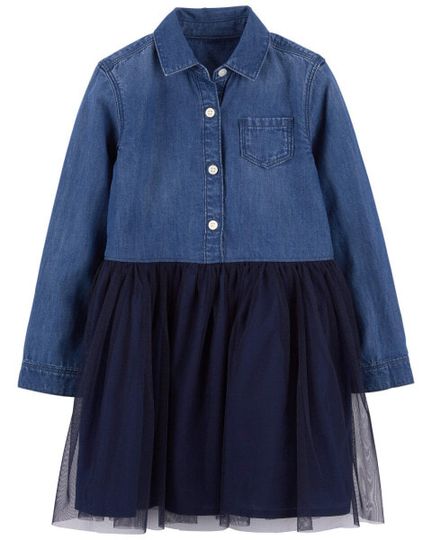 Toddler Mixed Fabric Chambray and Tulle Dress 5T