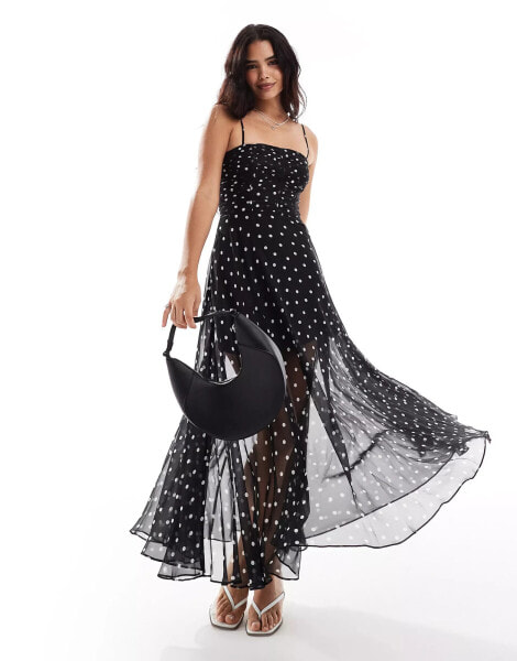 Forever New ruched body sheer maxi dress in polka dot print