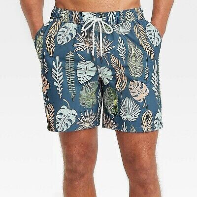 Men's 7" Leaf Print Swim Shorts with Boxer Brief Liner - Goodfellow & Co Navy