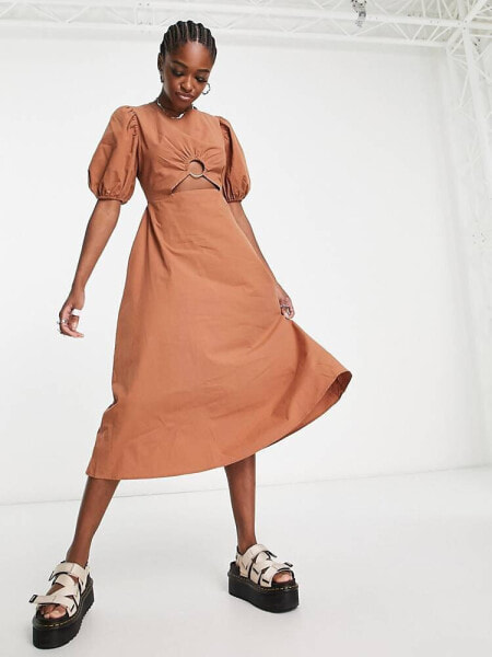 The Frolic cut-out detail puff sleeve midaxi dress in coconut shell brown